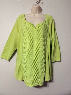 Cute Cotton Coldwater Creek Lime Green Eyelet Front Tunic Top Scoop Neck w Split